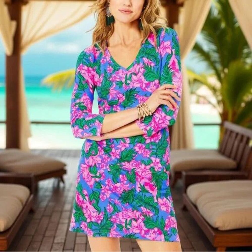 Lilly Pulitzer Dress SMALL Tessa 3/4 Sleeve V-Neck Cerise Pink Safari Sunset